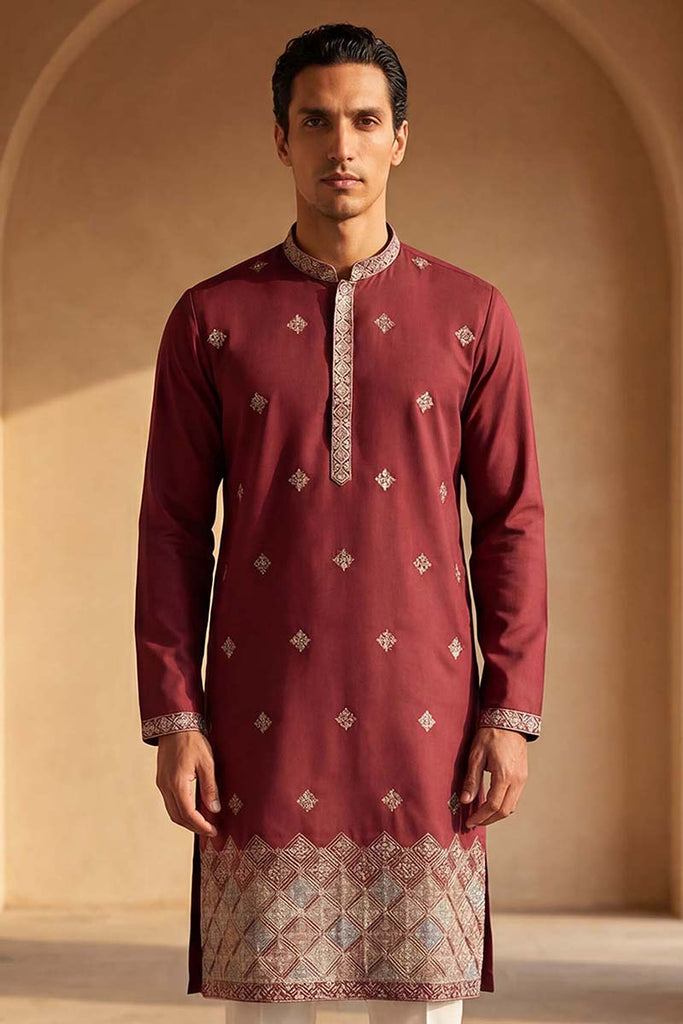 Silk Blend Maroon Solid Embroidered Calf Length Straight Kurta With Trousers MKSET2100