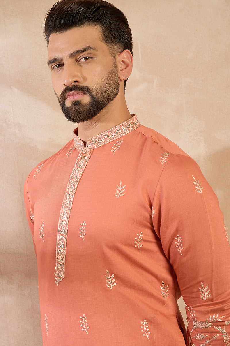 Peach Vartican Solid Embroidered Straight Kurta With Trouser MKSET1935