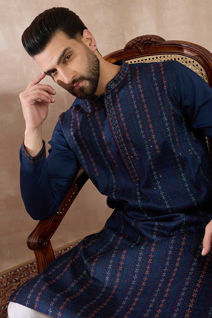 Navy Blue Silk Blend Embroidered Mandarin Collar Straight Kurta MKU2040
