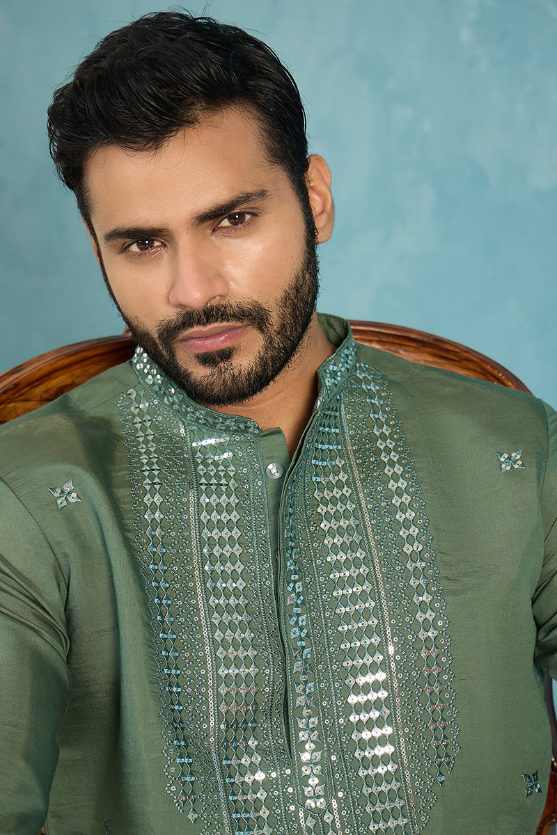 Green Silk Blend Solid Emboidered Sequins Kurta MKU2279