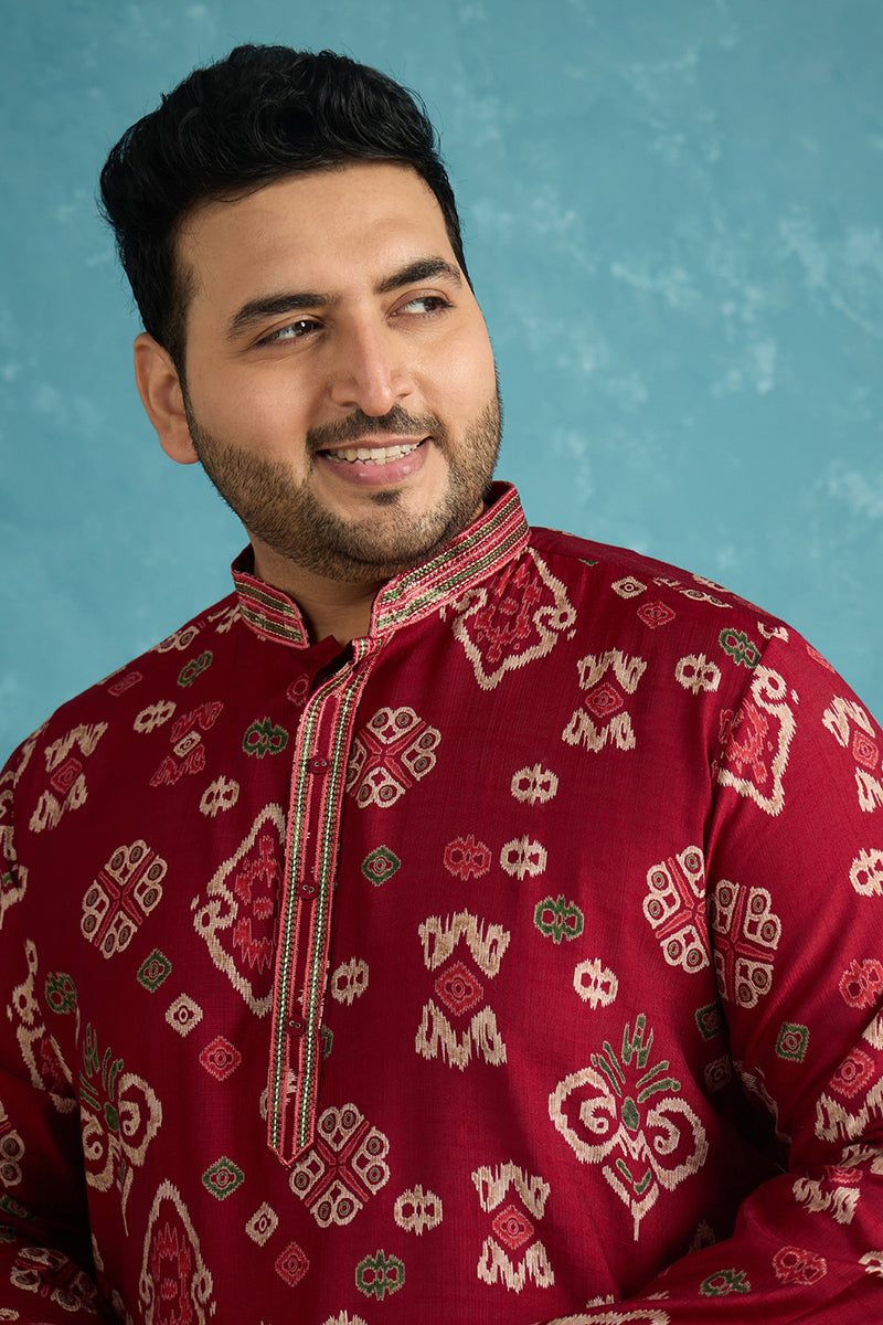 Red Silk Blend Abstract Printed Kurta MKU1988