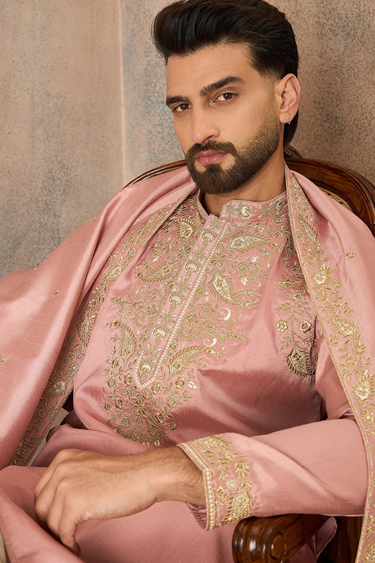 Pink Zari Embroidered Silk Blend Kurta with Trousers & Dupatta MKPD1045