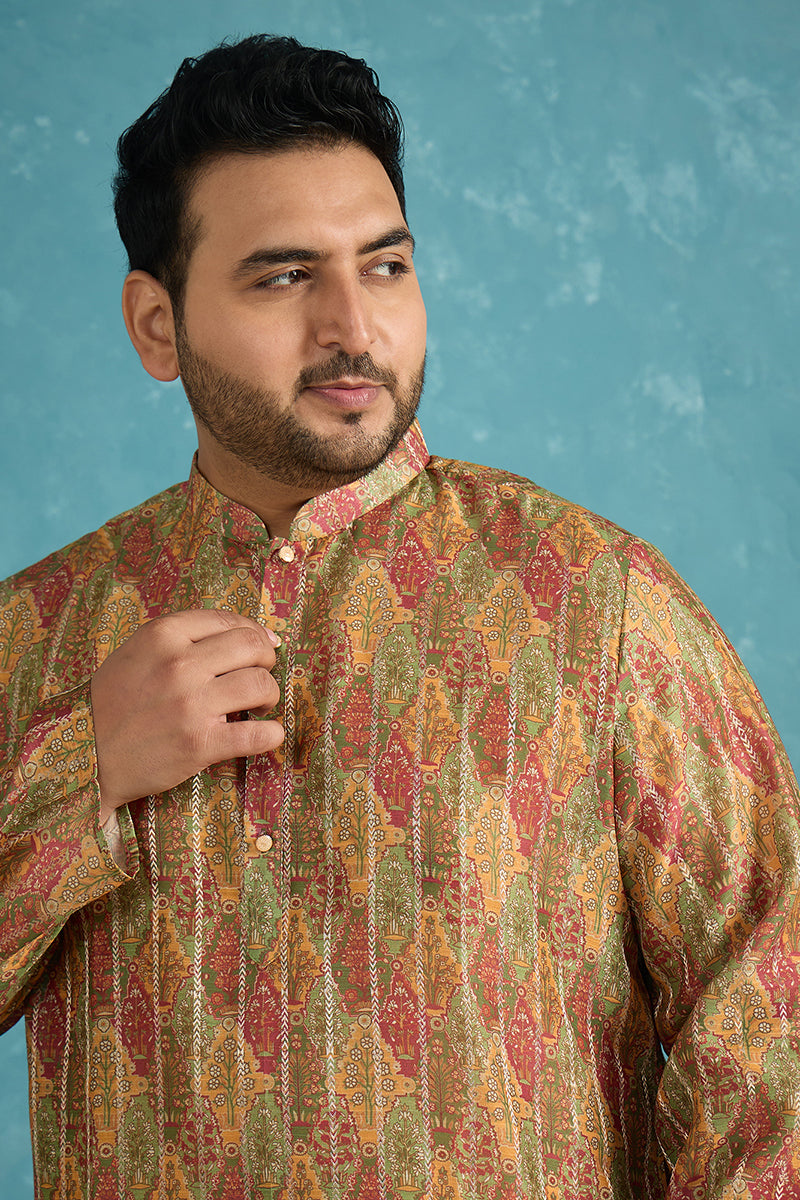 Green Silk Blend Floral Printed Kurta MKU1953