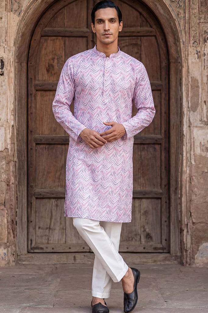 Lavender Cotton Blend Chevron Embroidered Kurta MKU1757