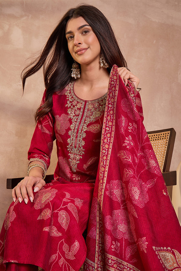 Pink Silk Blend Floral Printed Straight Kurta Trouser With Dupatta PKSKD3218