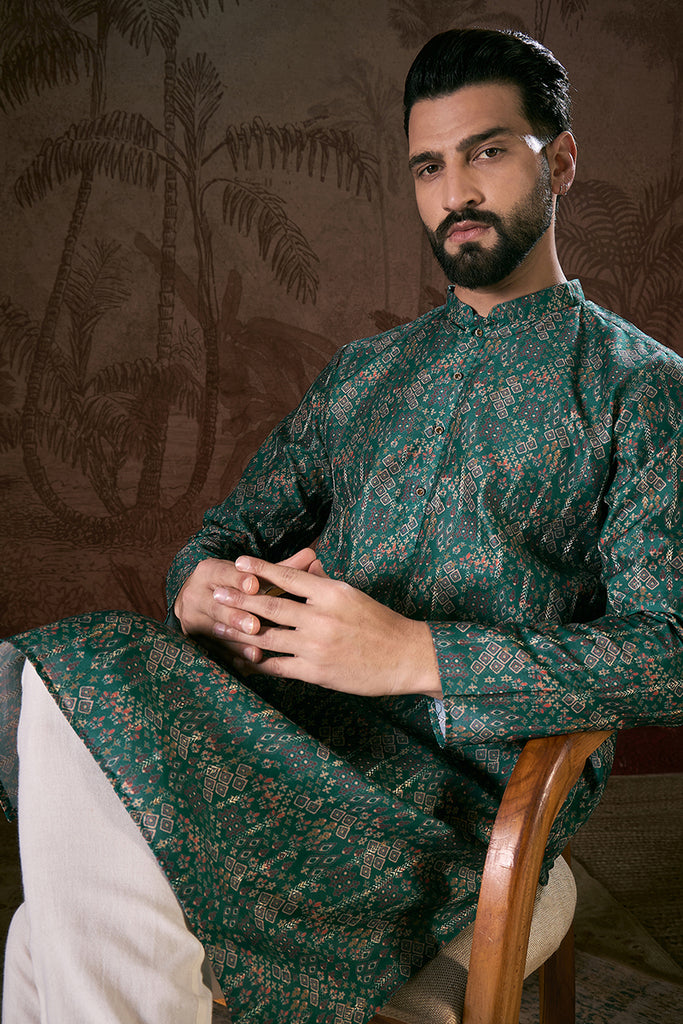 Sea Green Silk Blend Ethnic Motifs Printed Straight Kurta With Trouser MKSET1927