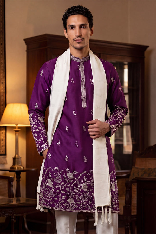 Purple Silk Blend Solid Embroidered Straight Kurta Trouser with Dupatta MKPD1944