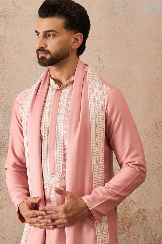 Peach Silk Blend Solid Embroidered Kurta Trouser With Dupatta MKPD1041