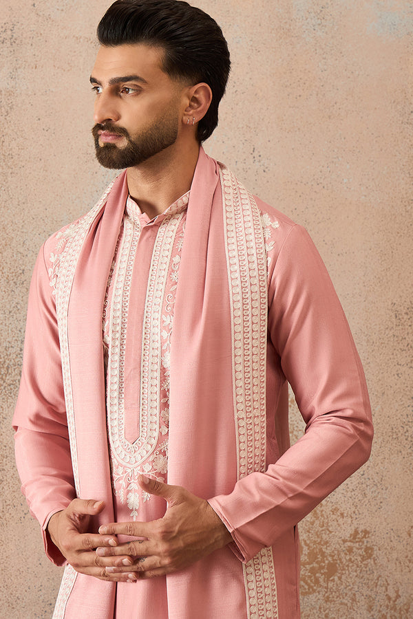 Peach Silk Blend Solid Embroidered Kurta Trouser With Dupatta MKPD1041