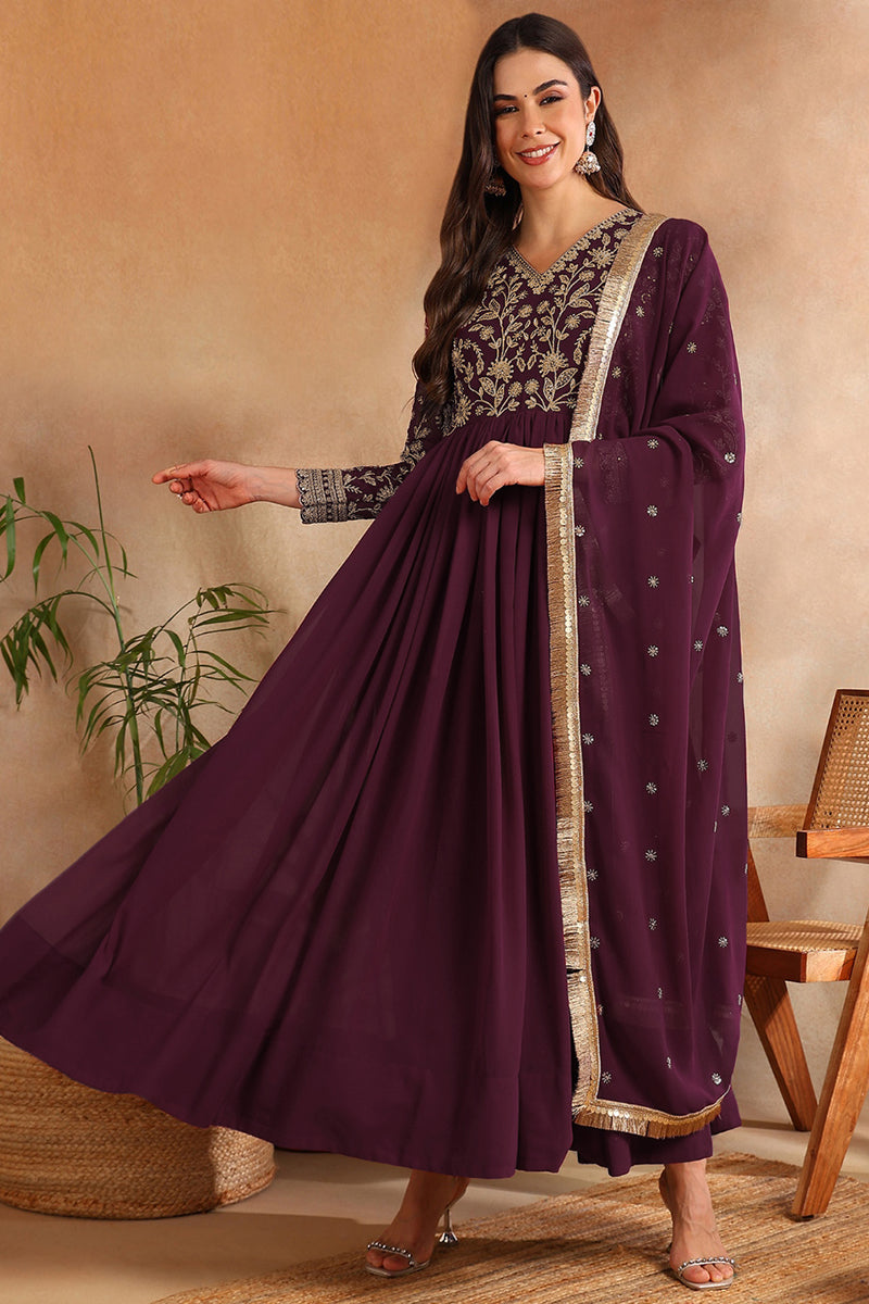 Wine Georgette Solid Embroidered Anarkali Kurta Set VKSET1520WIN