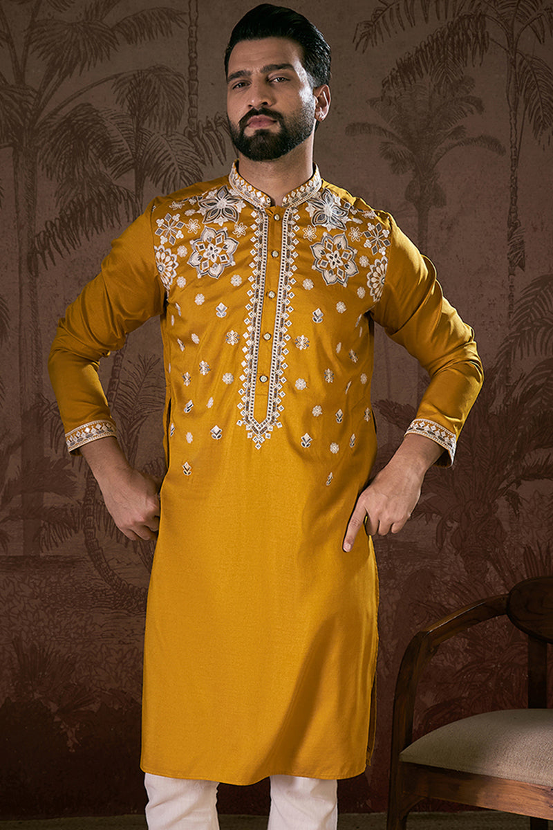 Mustard Silk Blend Solid Embroidered Straight Kurta With Trouser MKSET1796