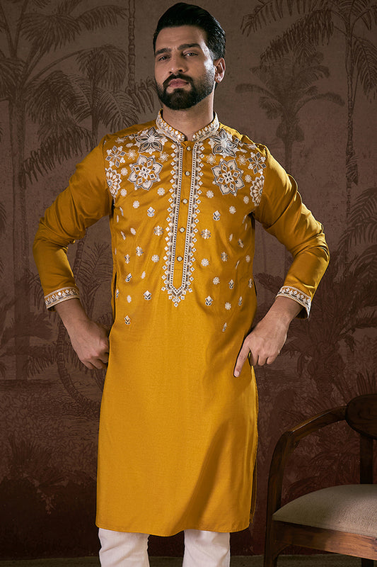 Mustard Silk Blend Solid Embroidered Straight Kurta With Trouser MKSET1796