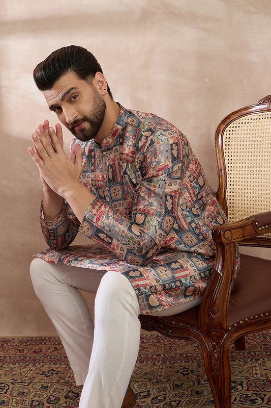 Multi Silk Blend Printed Mandarin Collar Straight Kurta MKU2001