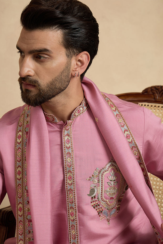 Pink Silk Blend Solid Embroidered Kurta With Dupatta & Trouser MKPD1071
