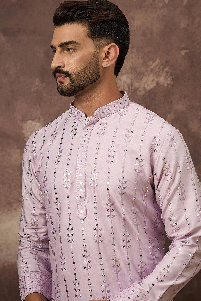 Lavender Silk Blend Solid Embroidered Straight Kurta With Pant Set MKSET1359