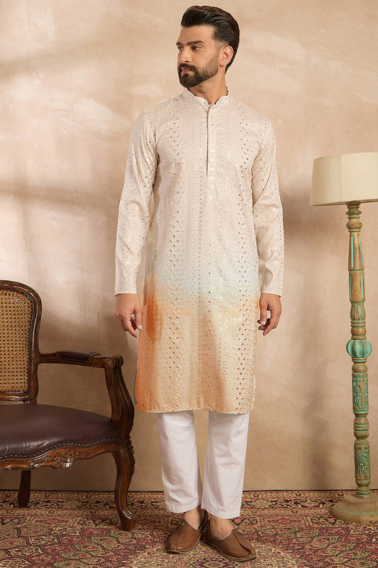 Peach Silk Blend Ombre Embroidered Straight Kurta MKU1724
