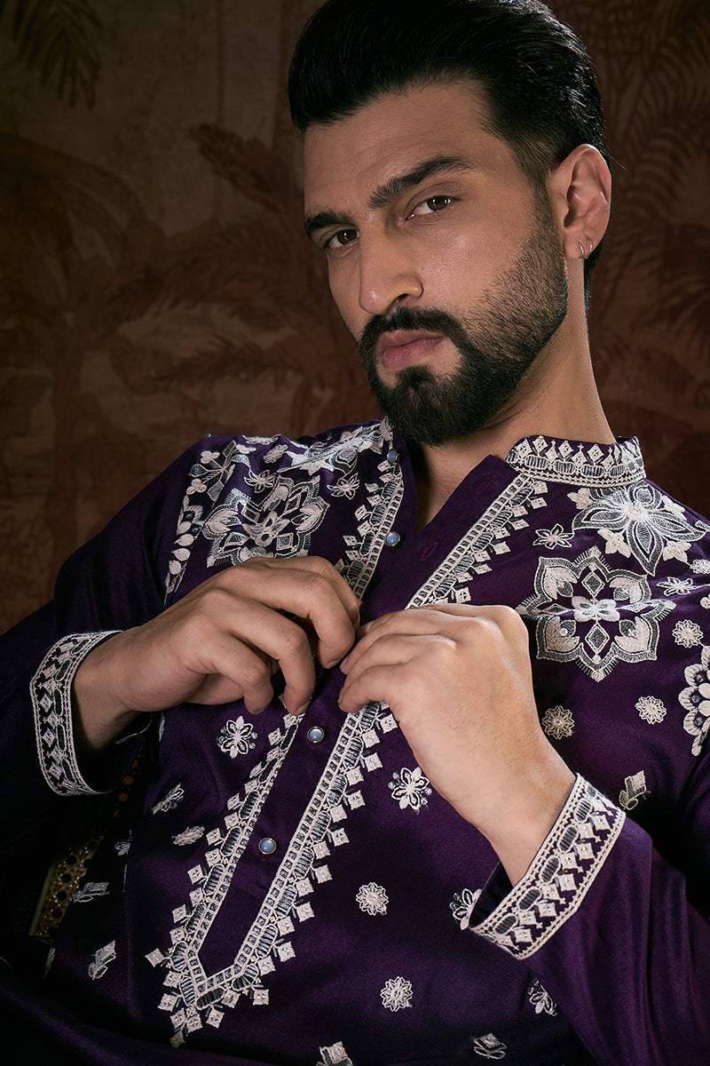 Purple Silk Blend Solid Embroidered Straight Kurta With Trouser MKSET1797