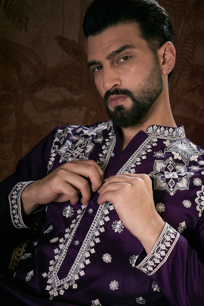 Purple Silk Blend Solid Embroidered Straight Kurta With Trouser MKSET1797