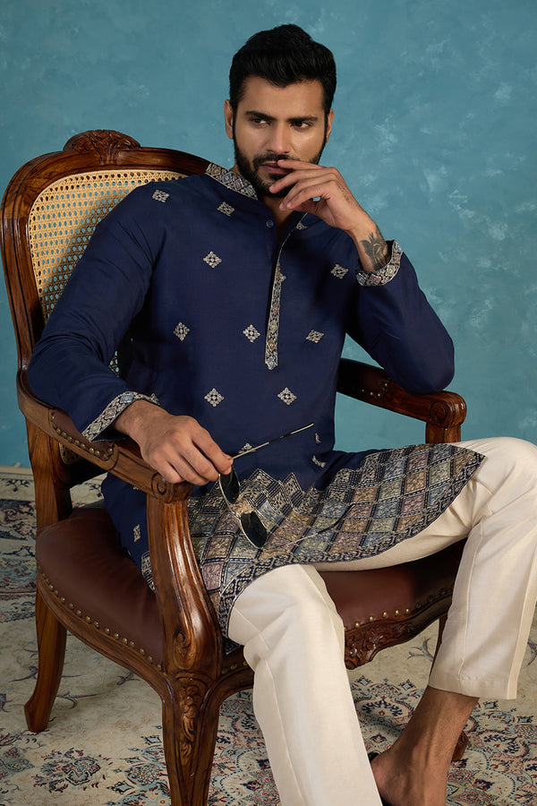 Silk Blend Blue Solid Embroidered Calf Length Straight Kurta MKU2099