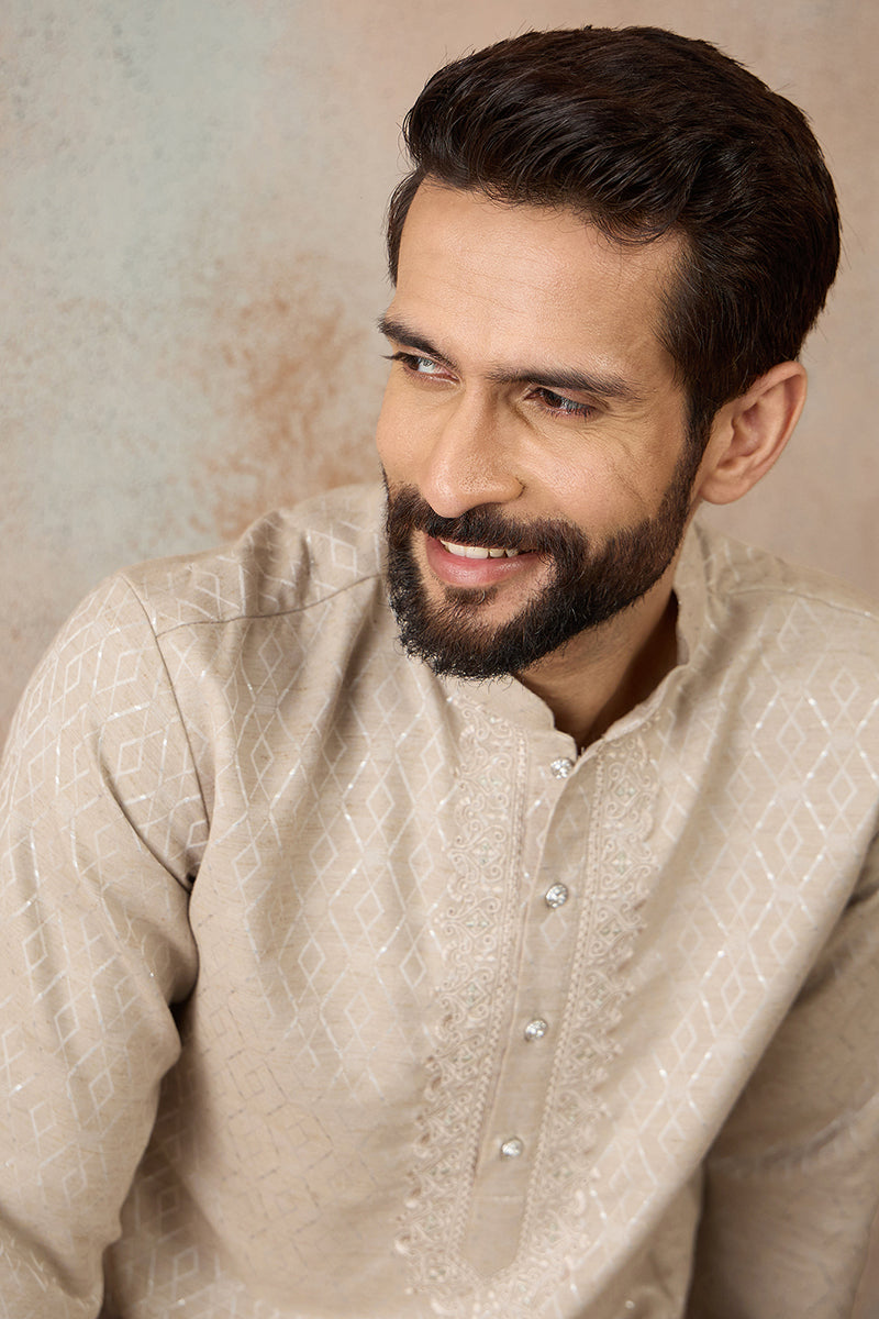 Beige Linen Blend Geometric Woven Design Kurta MKU2364