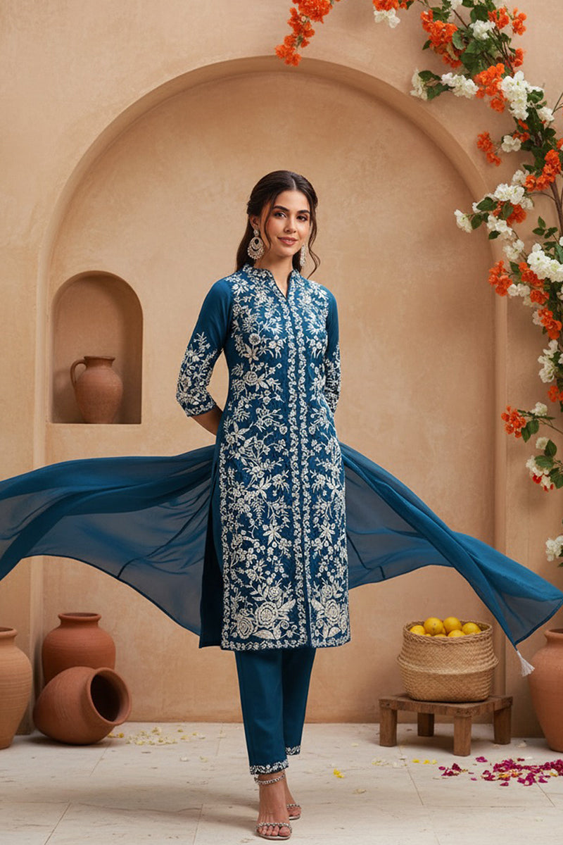 Teal Blue Silk Blend Solid Embroidered Straight Suit Set PKSKD2216