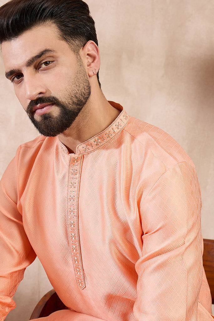 Peach Silk Blend Solid Embroidered Straight Kurta With Trouser MKSET1840