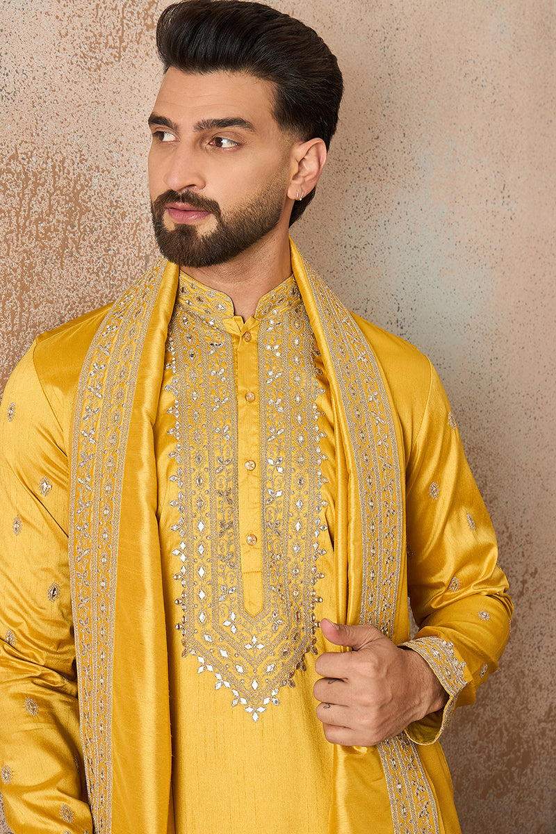 Yellow Silk Blend Solid Embroidered Kurta And Trouser With Dupatta MKPD1026