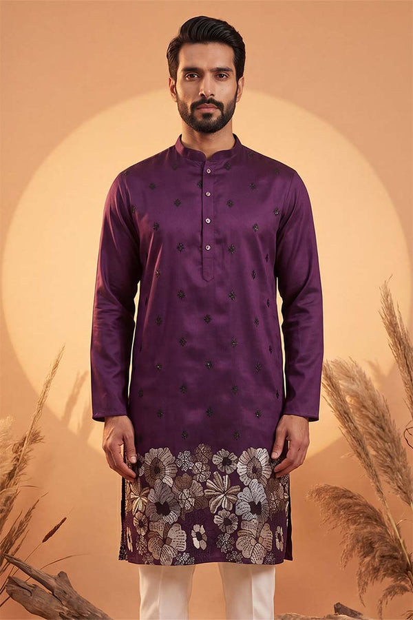 Violet Silk Blend Solid Embroidered Kurta MKU2104