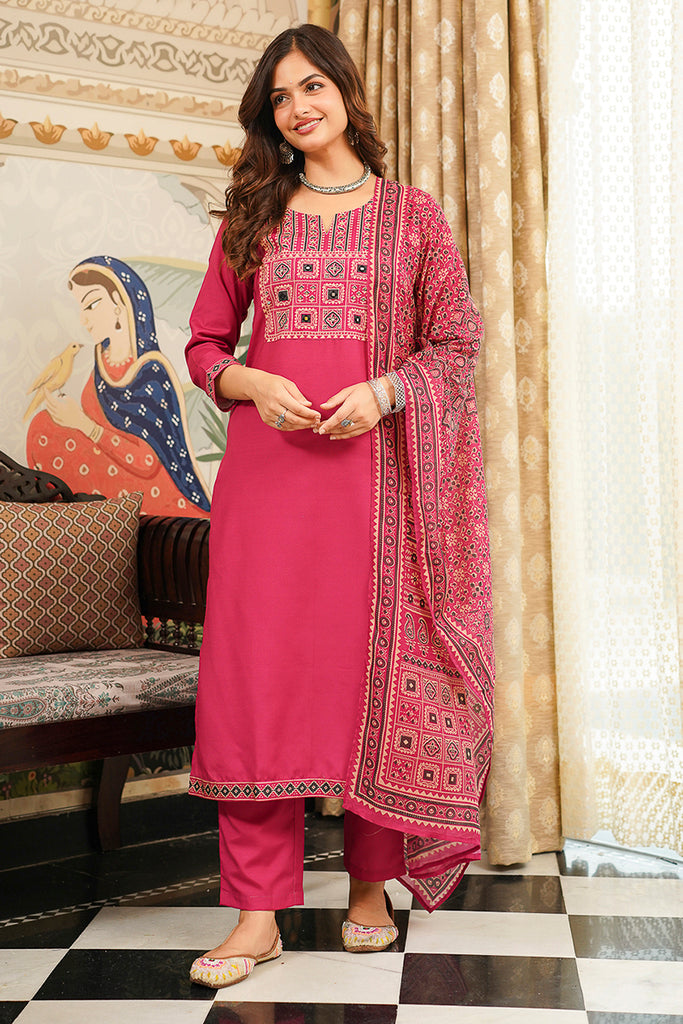 Pink Cotton Blend Ajrakh Printed Straight Kurta Trousers With Dupatta PKSKD3069