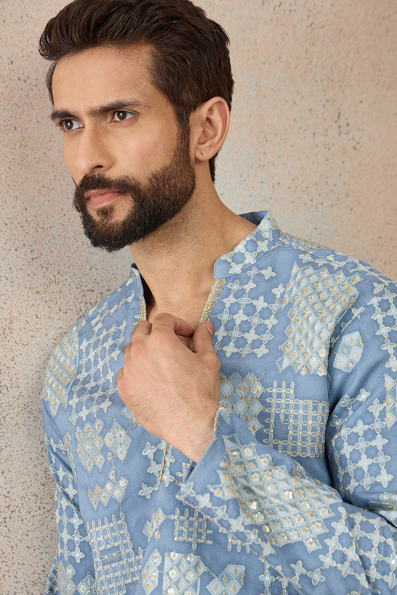 Blue Silk Blend Solid Embroidered Kurta With Trouser MKSET2454