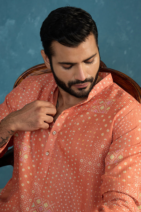 Orange Linen Blend Bandhani Printed Kurta With Trouser MKSET2638