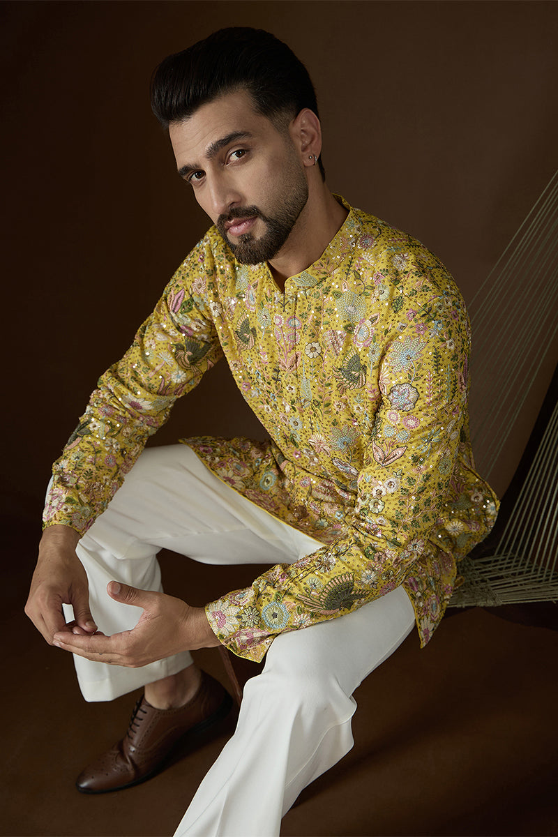 Yellow Georgette Solid Embroidered Kurta MKU2714