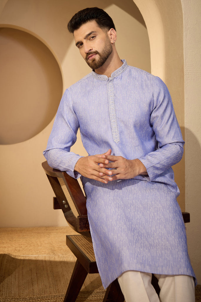 Blue Jacquard Woven Design Mandarin Collar Kurta With Trouser MKSET2777