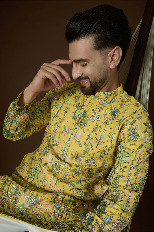 Yellow Georgette Solid Embroidered Kurta MKU2727