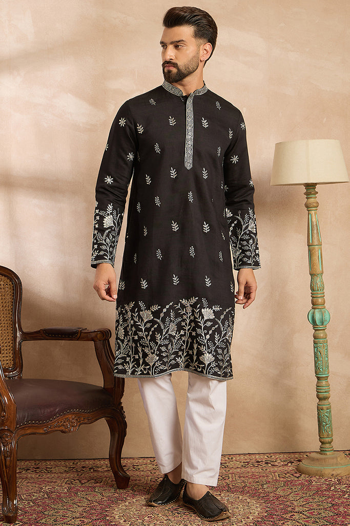 Black Silk Blend Solid Embroidered Straight Kurta With Trouser MKSET1782