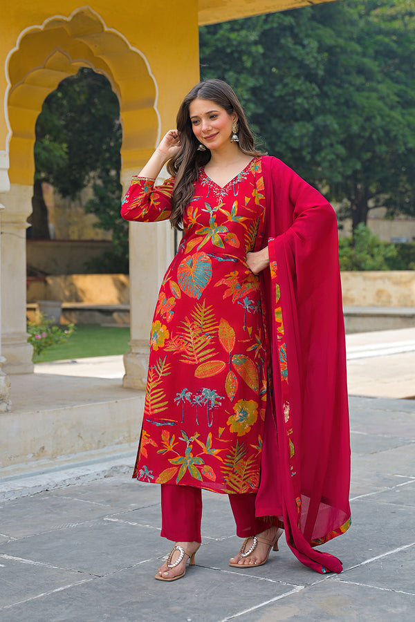 Pink Viscose Rayon Floral Printed Straight Kurta Trousers With Dupatta PKSKD3160