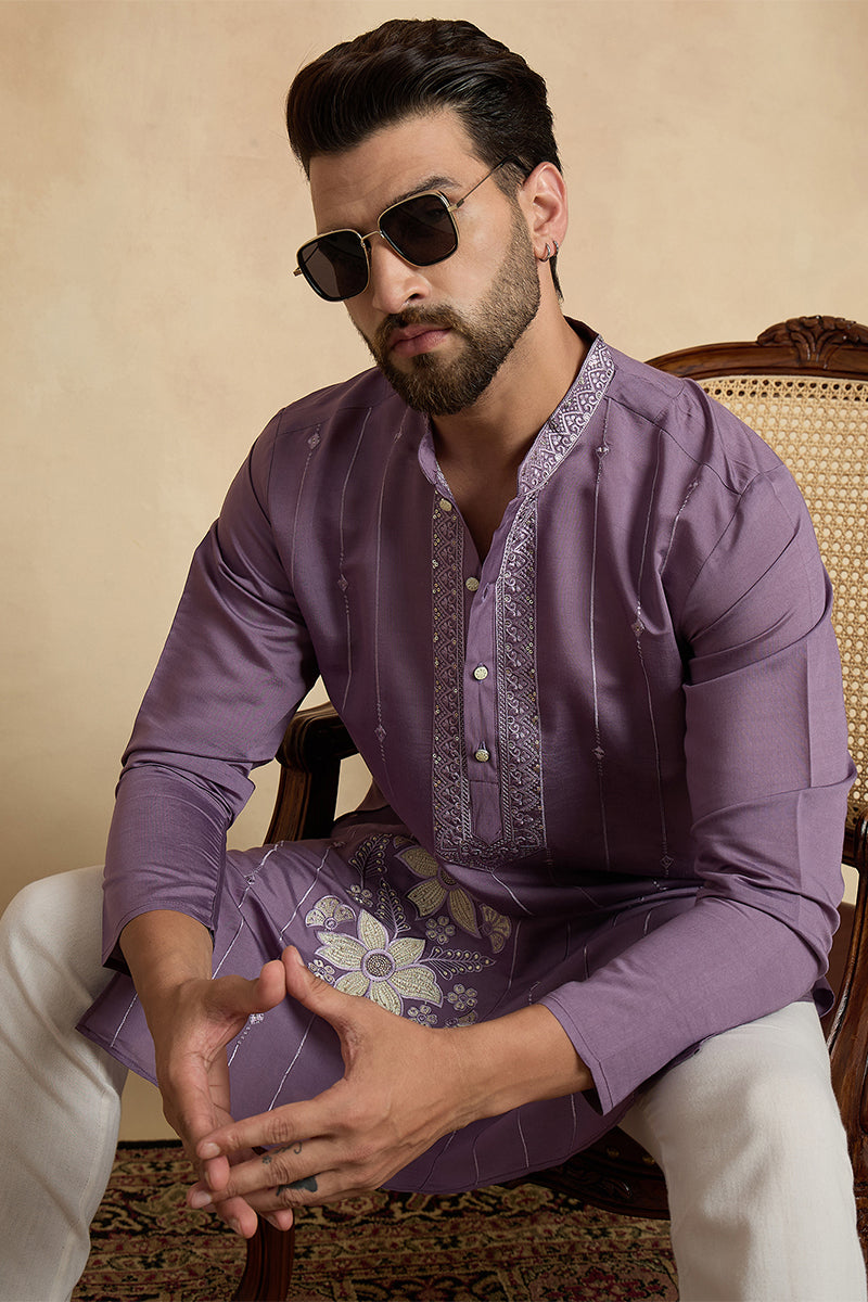 Lavender Silk Blend Solid Embroidered Kurta With Trouser MKSET2463
