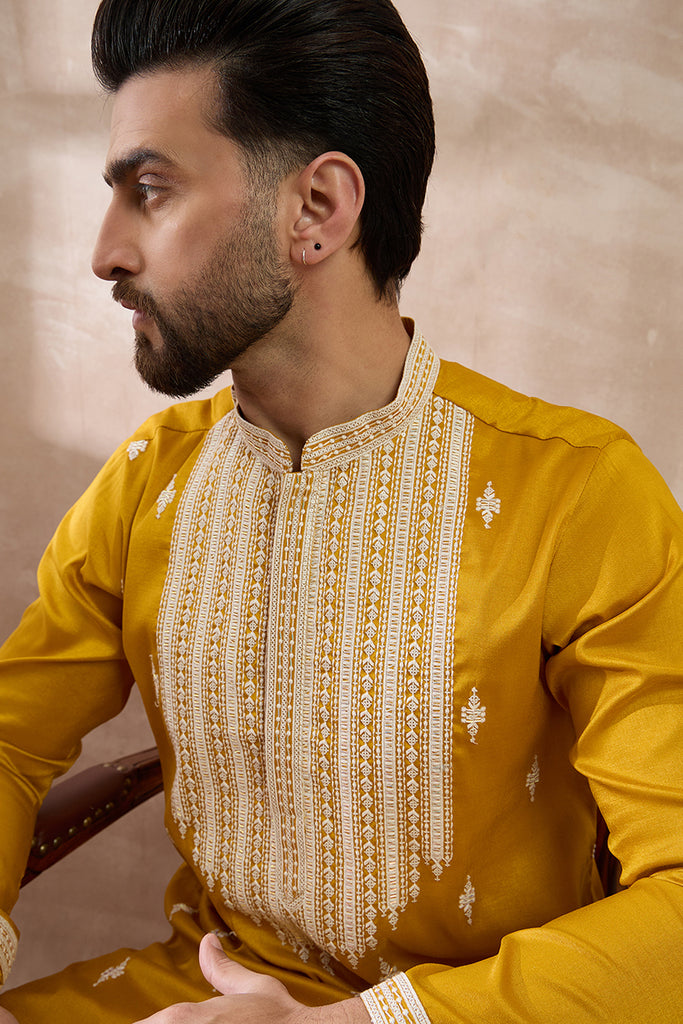 Yellow Silk Blend Embroidered Mandarin Collar Straight Kurta With Trouser MKSET1794