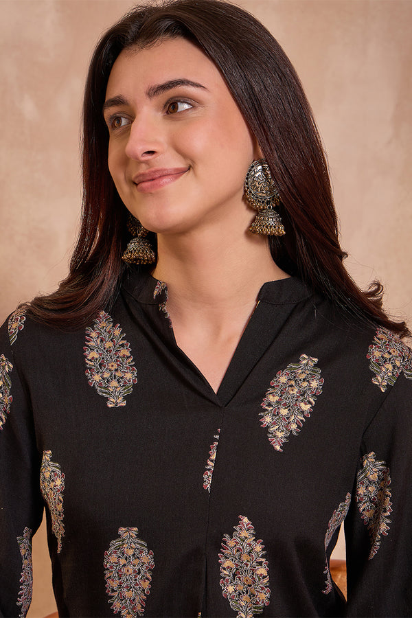 Black Cotton Blend Floral Printed Top VT1360