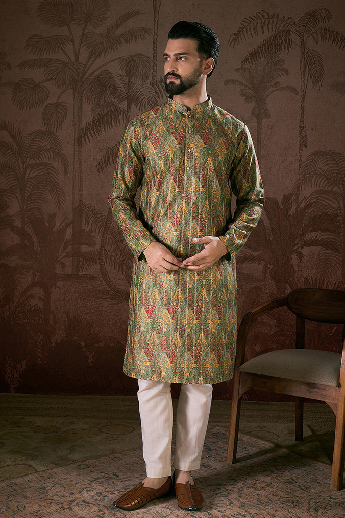 Green Silk Blend Floral Printed Straight Kurta With Trouser MKSET1953