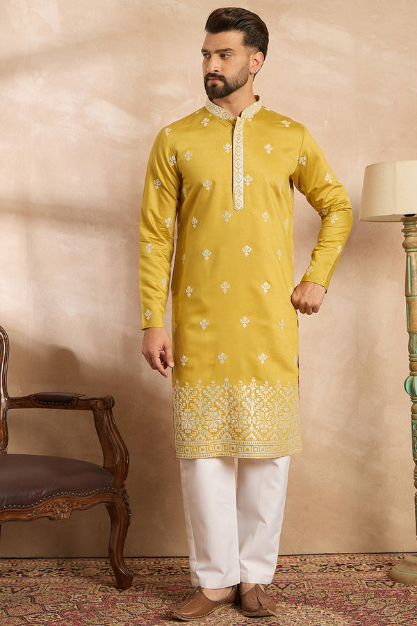 Yellow Polyester Solid Embroidered Straight Kurta With Trouser MKSET1809