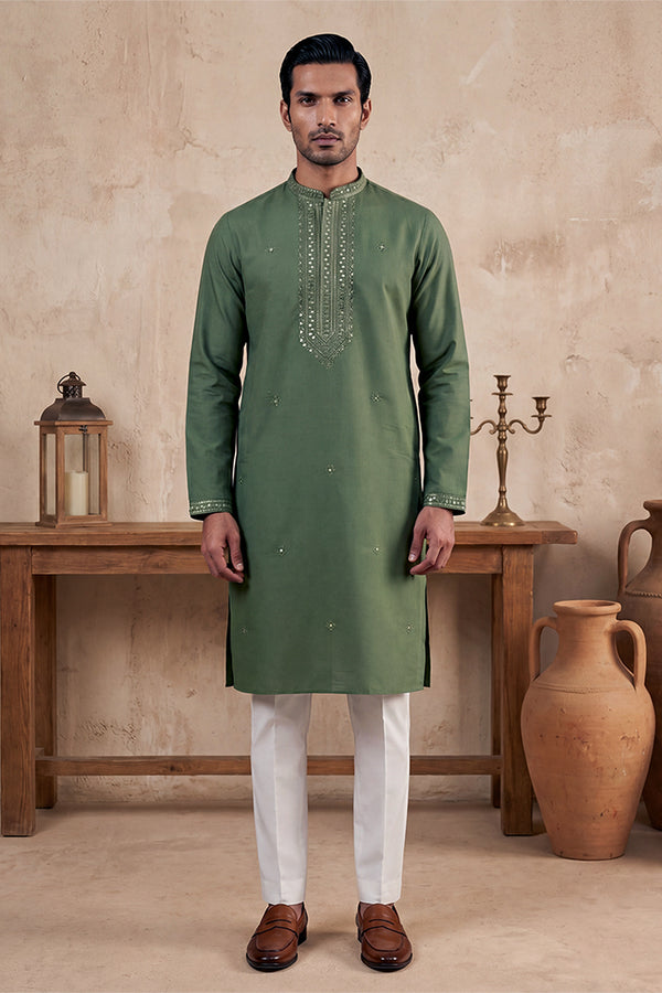 Green Silk Blend Solid Emboidered Sequins Kurta MKU2276