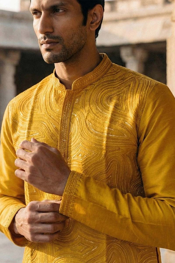 Yellow Silk Blend Embroidered Straight Kurta MKU2073