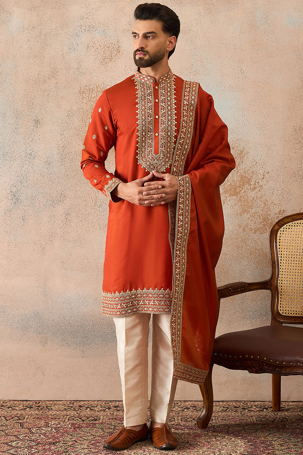 Orange Silk Blend Solid Embroidered Kurta With Dupatta MKUD1028
