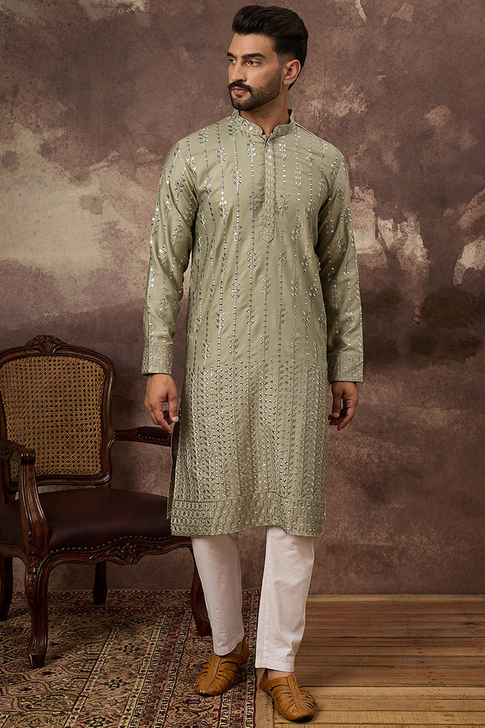 Green Silk Blend Solid Embroidered Straight Kurta With Pant Set MKSET1356