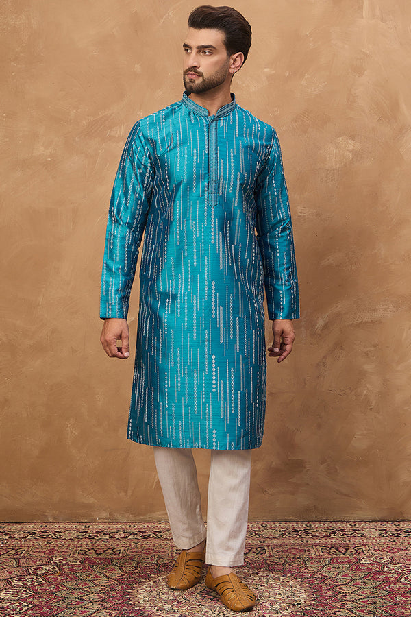 Blue Silk Blend Geometric Printed Straight Kurta MKU1519