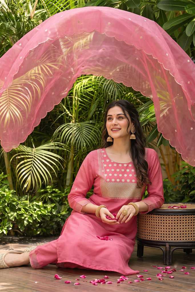 Pink Poly Silk Solid Sequin Straight Suit Set PKSKD1159