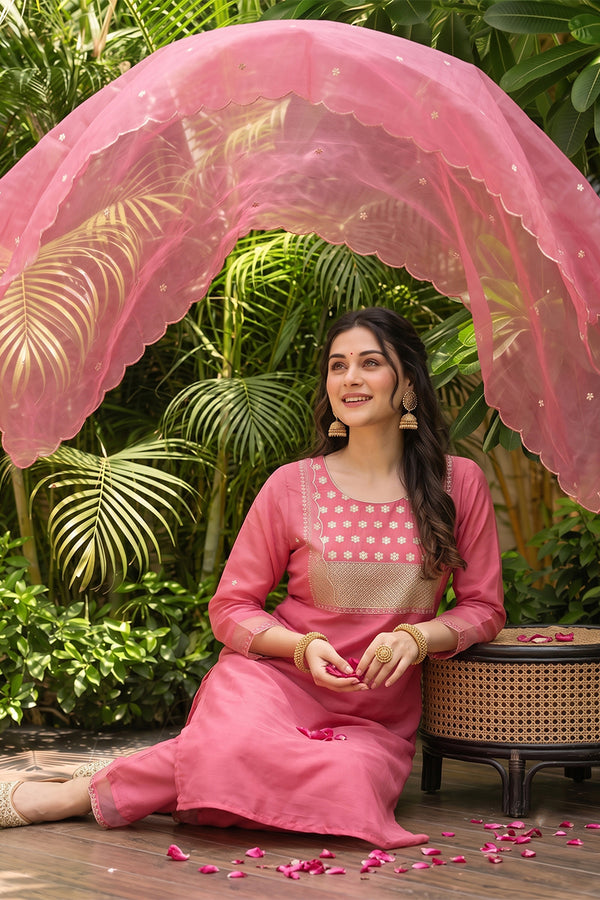 Pink Poly Silk Solid Sequin Straight Suit Set PKSKD1159