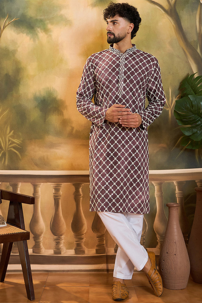 Dusty Purple Silk Blend Embroidered Shibori Straight Kurta With Trousers MKSET1418