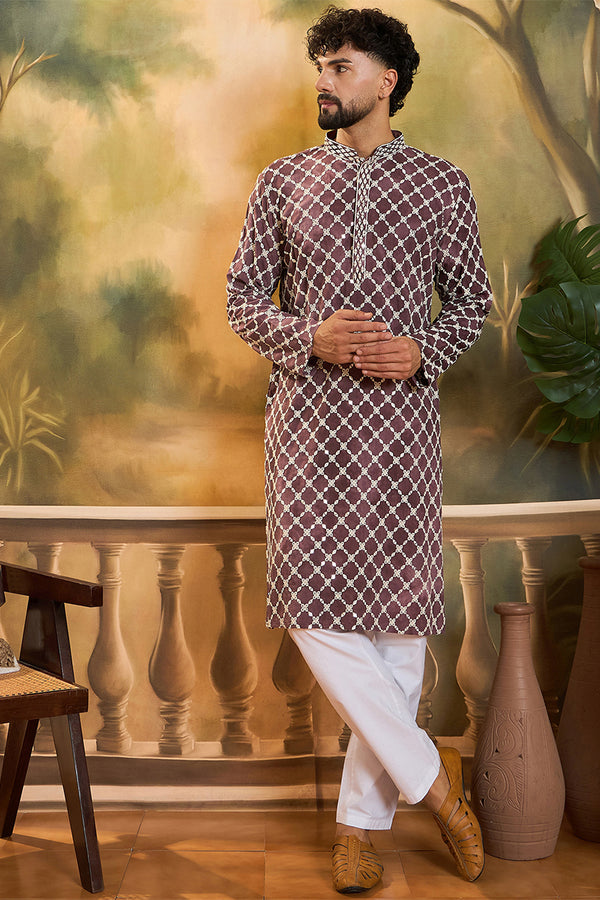 Dusty Purple Silk Blend Embroidered Shibori Straight Kurta With Trousers MKSET1418